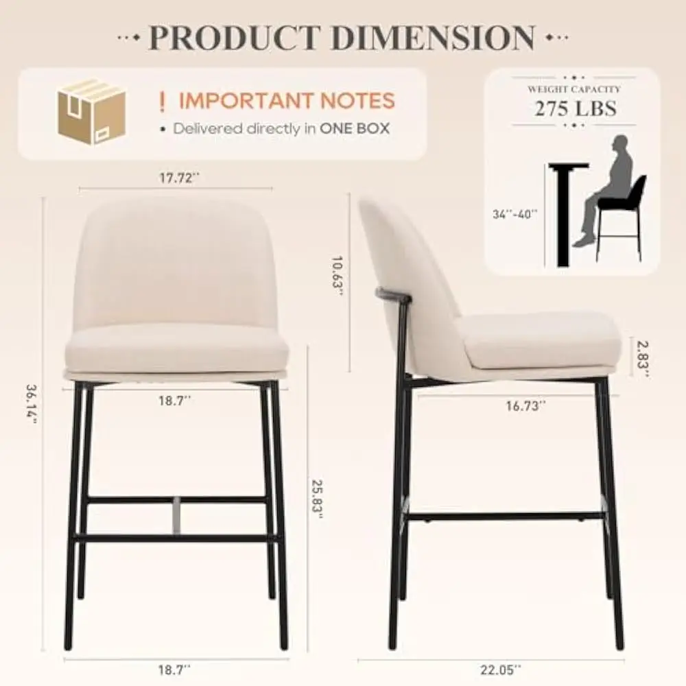 Bar Stools Set of 2, 25 Inch Stools with Back, Upholstered Counter Barstools Armless Bar Chairs with Metal Legs, Bar Stools