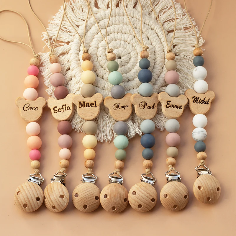 Nome personalizzato Catena per ciuccio per bambini personalizzata in legno Perline in silicone Porta capezzoli fittizio Guardia Massaggiagengive Ciondolo Regalo per neonati