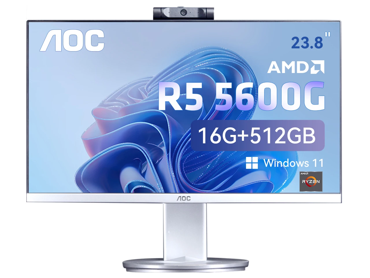 AOC All-in-One Business Desktop AMD R5 5600G 23.8" 16GB RAM 512 GB SSD Windows 11 Home Wi-Fi Adjustable Angle Office Work