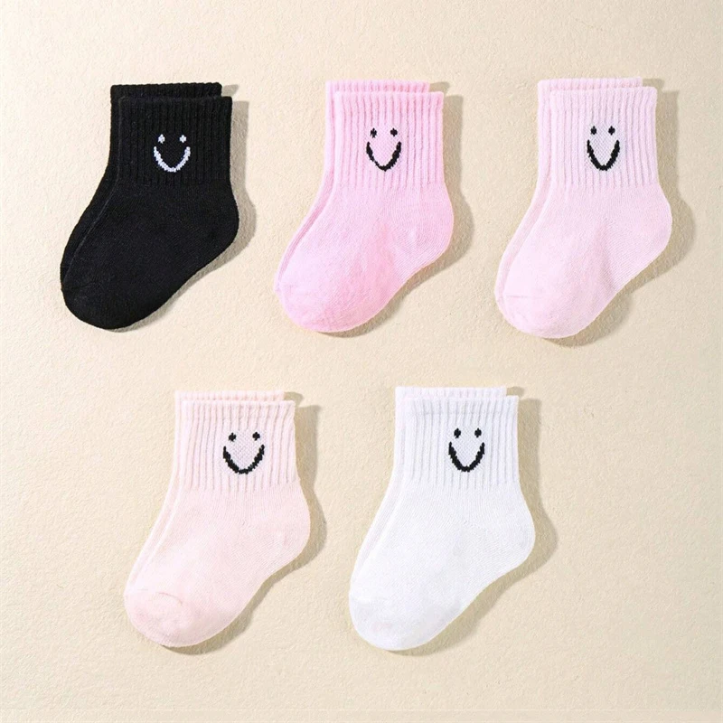ถุงเท้ากลางน่องเด็กลายหน้ายิ้มสีทึบน่ารัก 10 คู่เหมาะสําหรับถุงเท้าเด็กชายและเด็กหญิง