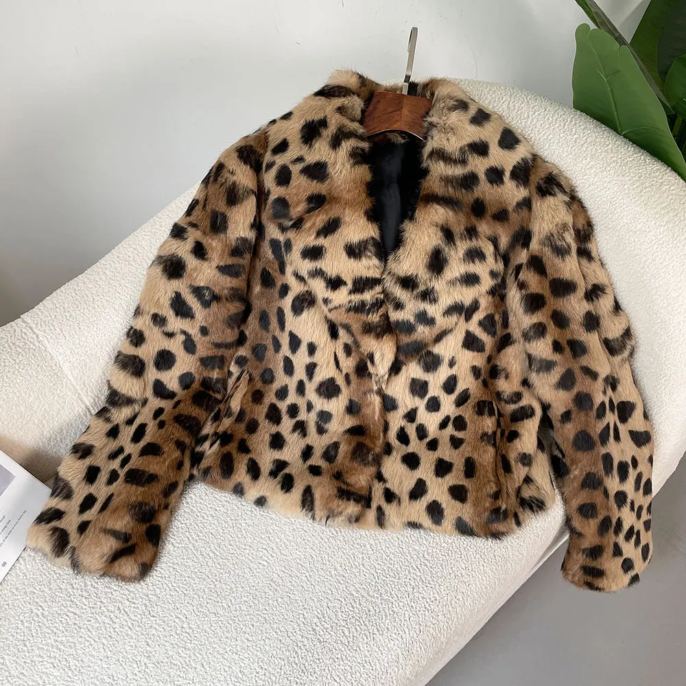 Oftbuy 2024 Turn-Down-Kragen Oberbekleidung Streetwear echte natürliche Kaninchen Pelzmantel Leopard Winter jacke Frauen dick warm elegant