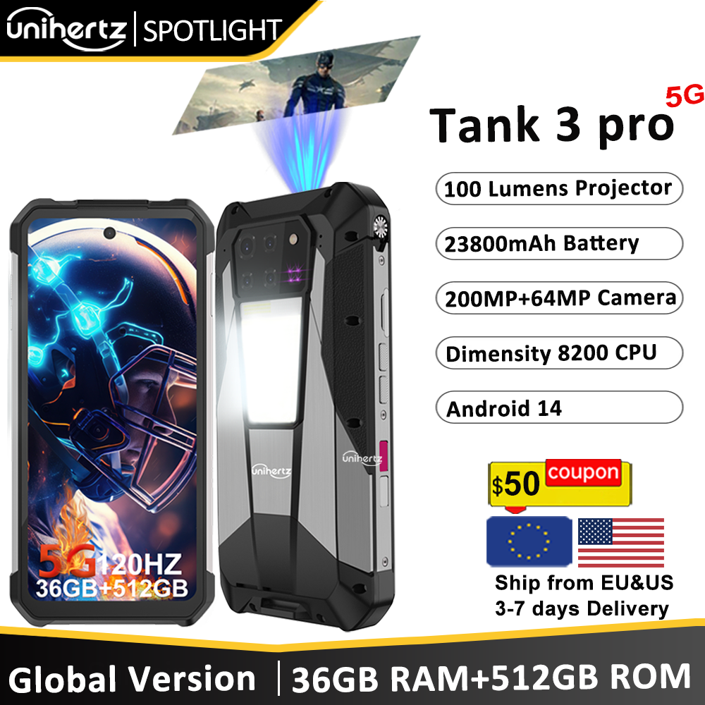 US EU MX Warehouse Unihertz Tank 3 Pro 8849 con 100 lúmenes 5G proyector teléfono, 32GB/36GB RAM, 512GB ROM, 23800mAh 120W,200MP, NFC