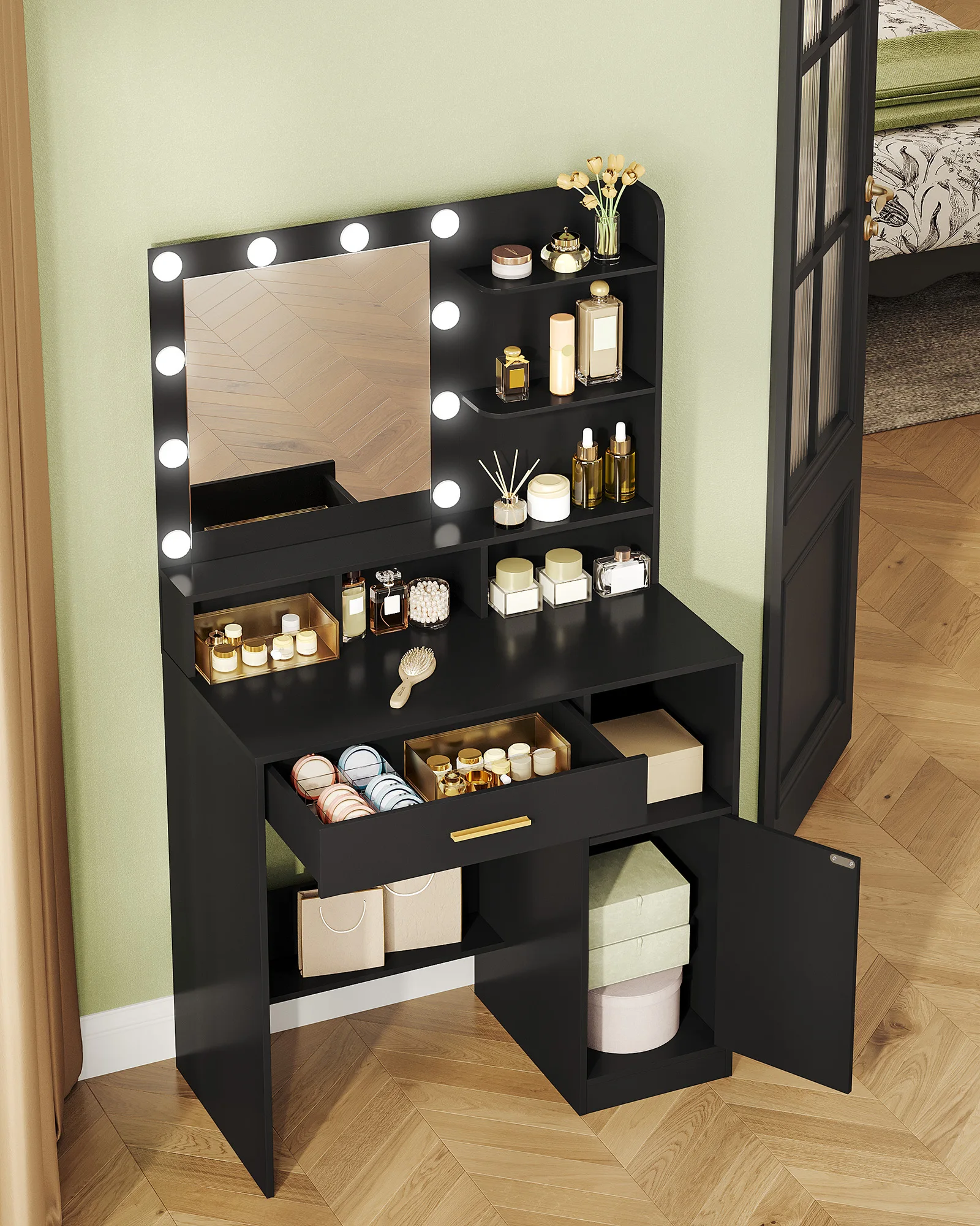 Hzuaneri Toeletta con Specchio e 10 Luci LED, Mobile Vanity con 3 Ripiani e 4 Scomparti Aperti, con Grande Cassetto