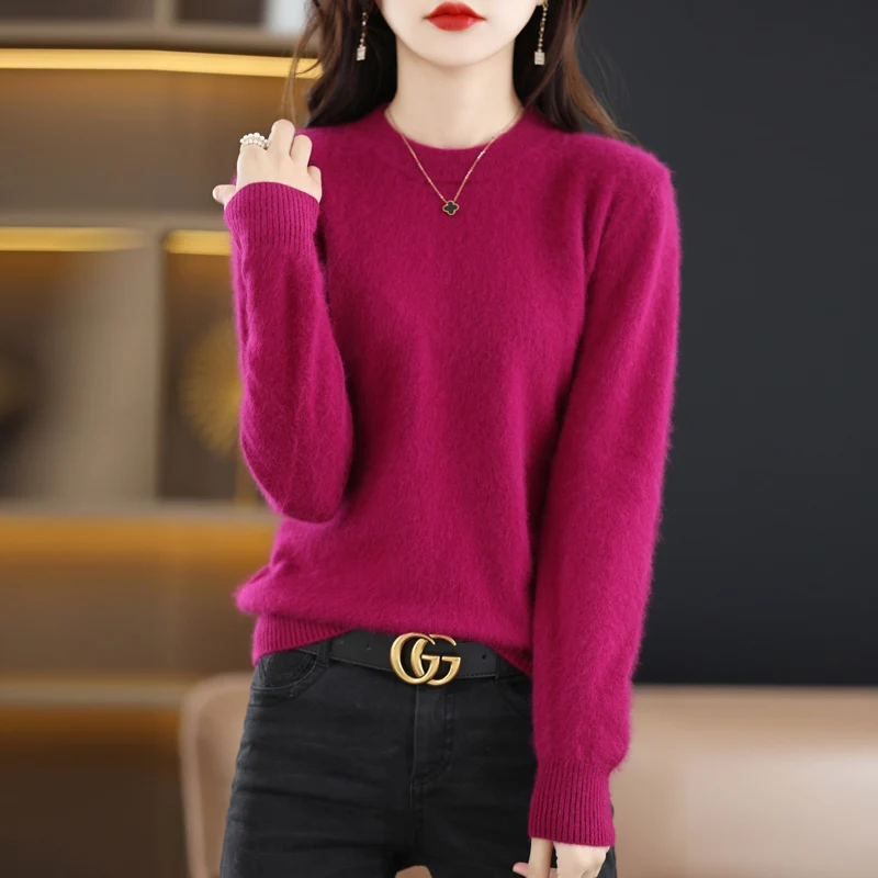 Flacher Rundhalspullover aus reinem Nerz-Kaschmir für Damen mit langen Ärmeln, warmer, lockerer Strickpullover für Herbst und Winter, einfarbige Basis