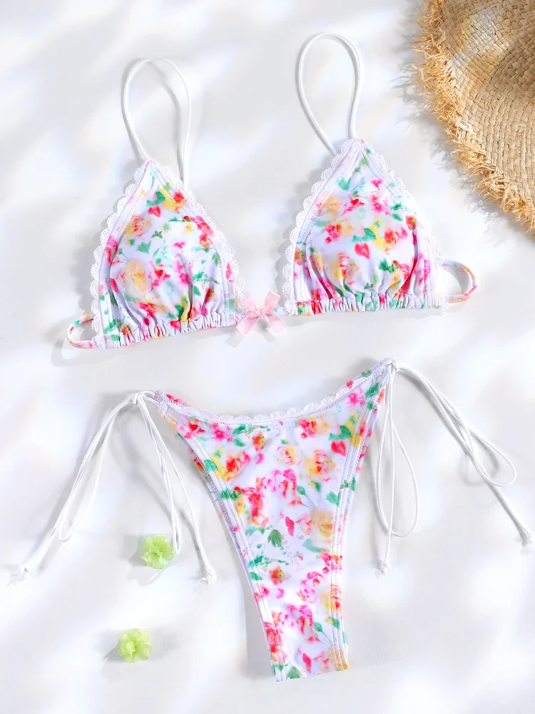 Maillot de bain imprimé écossais avec nœud, triangle, ensemble deux pièces, culotte tanga, taille basse, vêtements de plage, nouvelle collection