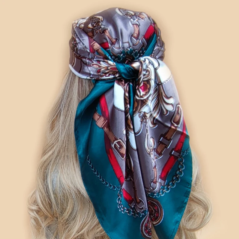 Nuevo bufandas cuadradas de moda de 90x90cm, chales, Hijab de satén de seda, pañuelo estampado a la moda para mujer, pañuelo para la cabeza, bufandas para el cuello para mujer