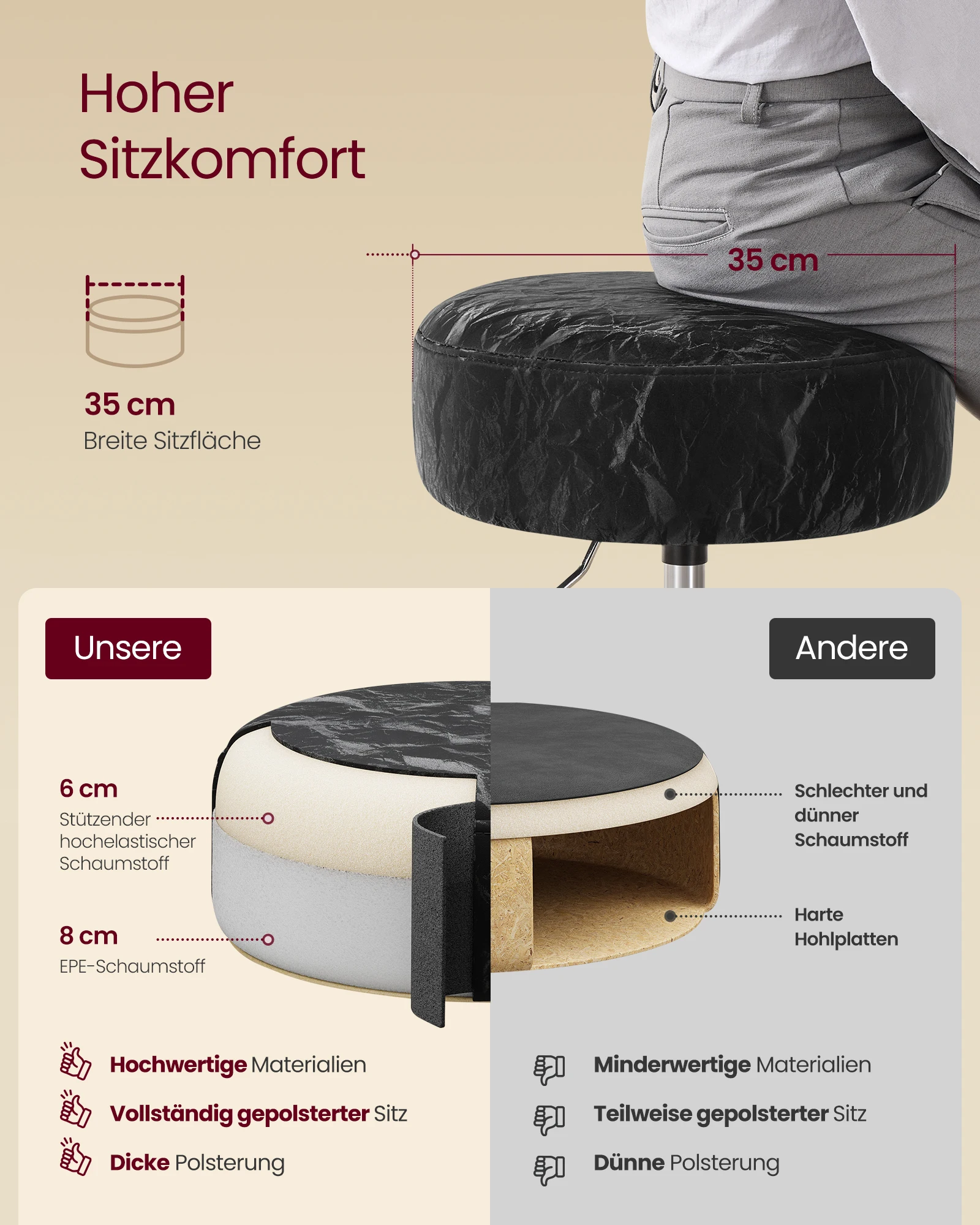 VASAGLE Schminkhocker, Schminkstuhl, Barhocker, höhenverstellbar, 360° drehbar, PU, Dicke Polsterung, für Schlafzimmer,modern