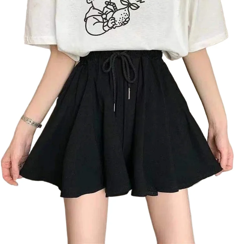 Faldas cortas de verano 5XL para mujer, pantalones cortos de pierna ancha informales elásticos de cintura alta, minifalda holgada de línea A coreana, pantalones cortos negros
