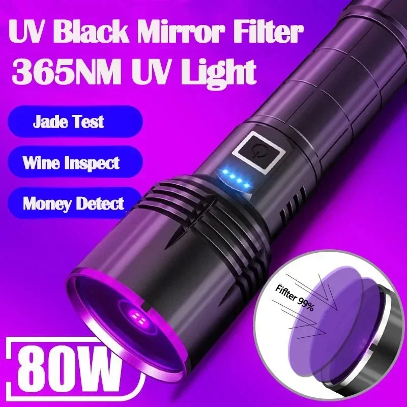 Leistungsstarke 365 NM UV-Taschenlampe, USB wiederaufladbar, wasserdicht, violettes Licht, UV-Taschenlampe für Haustier-Urinflecken-Detektor, Verwendung von 18650-Batterien