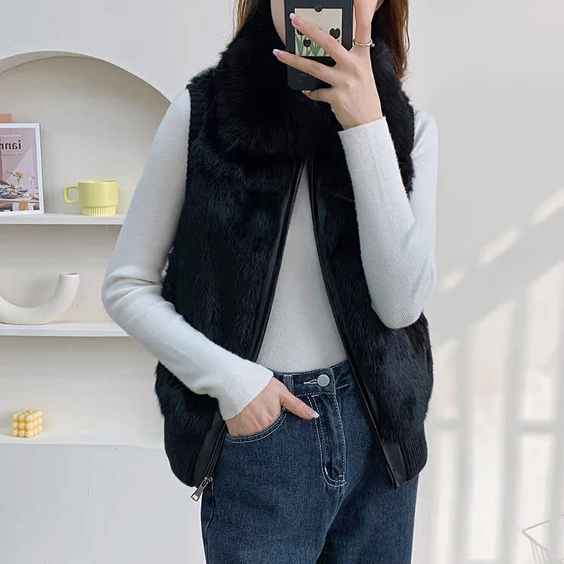 Dames echt konijnenbont vest jas breien winter vossenbontkraag bontjas casual kort uitloper slank met ritssluiting