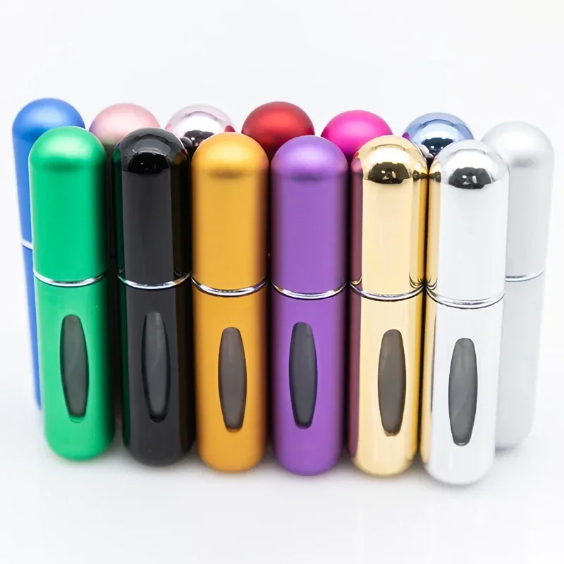 20 unids/lote 5ml Mini botella de Perfume recargable portátil bomba atomizadora conveniente botella de Spray de aluminio contenedor de cosméticos de viaje