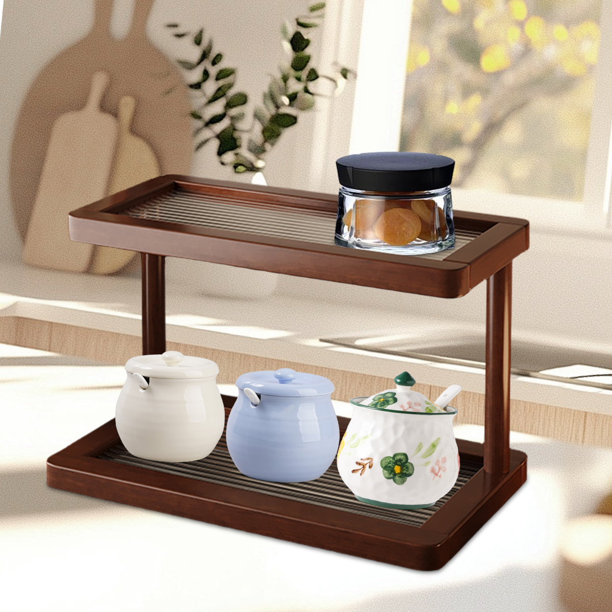 Organizador de vaidade de bambu de 2 camadas com base acrílica, rack de armazenamento ecológico de cosméticos/perfumes para banheiro e cozinha (noz)