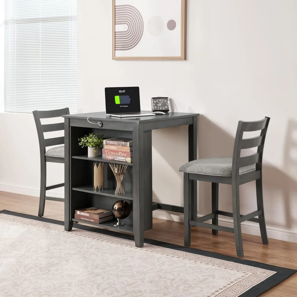 Small Bar Table and Chairs Set for 2,3-Piece Kitchen Dining Room Table Set with Storage Shelves & Charging Station,Space-Saving