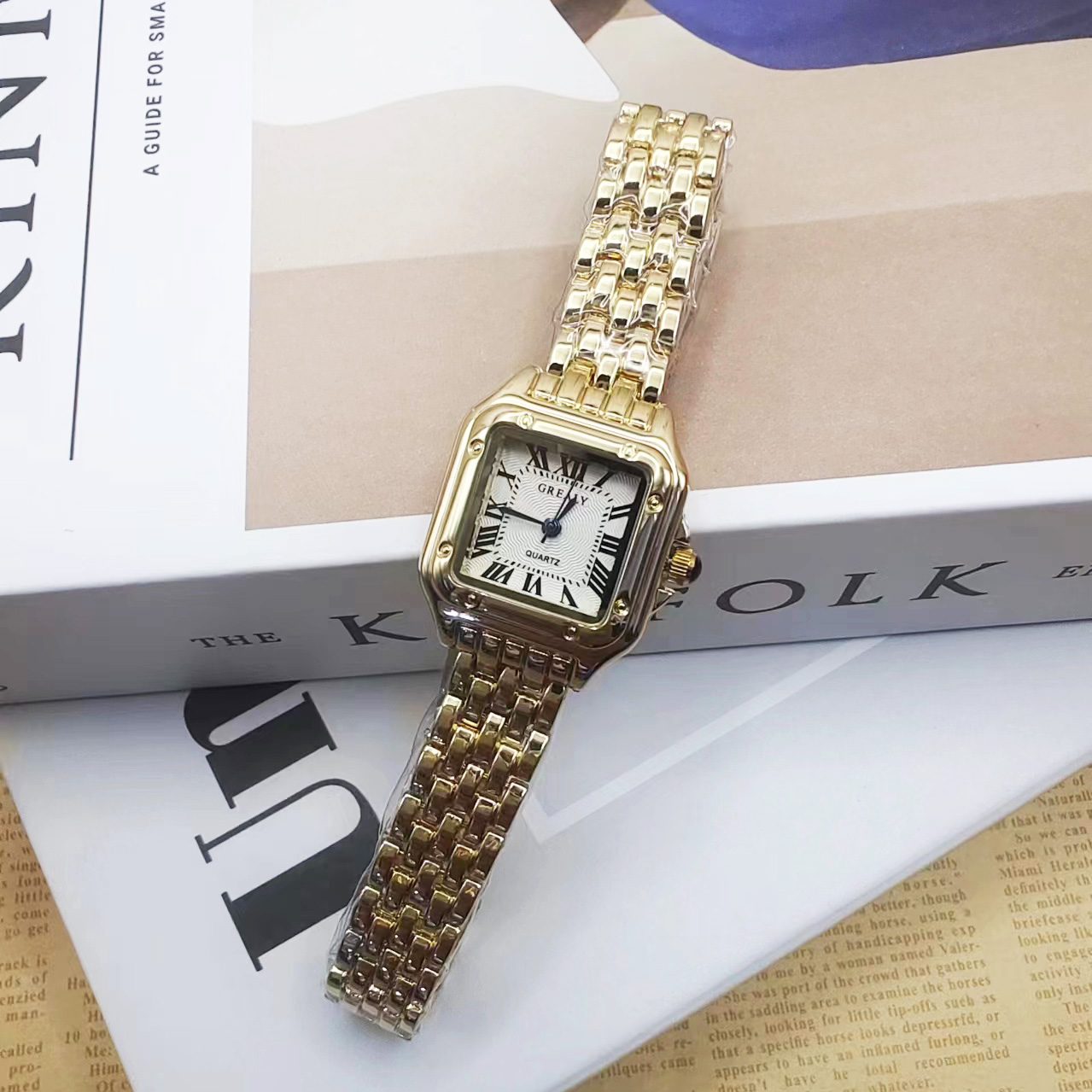 Relógio de pulso quartzo quadrado com pulseira de aço para mulheres, clássico, prata, simples, luxo, marca, moda, senhoras