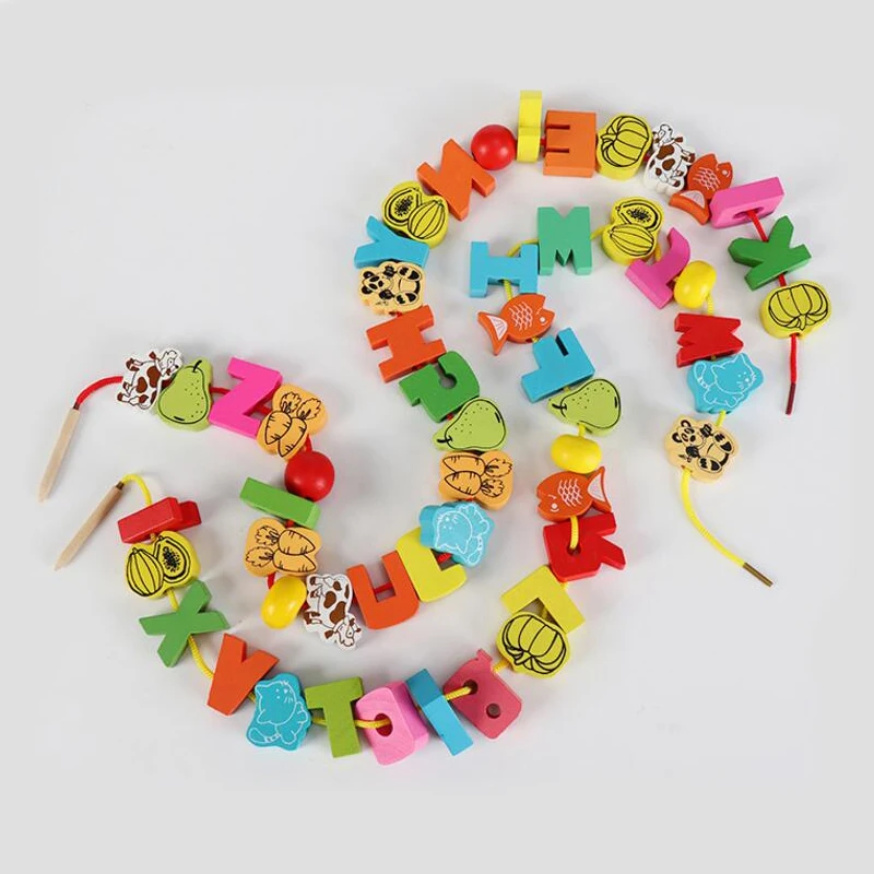 26 ชิ้นของเล่นไม้เด็ก DIY ของเล่นการ์ตูนผลไม้สัตว์ Stringing Threading ลูกปัดไม้ของเล่น Montessori การศึกษาสําหรับเด็ก GYH