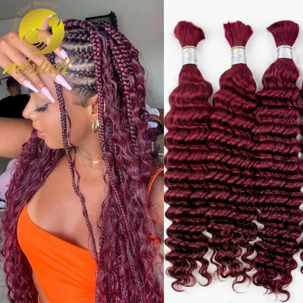 12A 99J #   Borgonha onda profunda cabelo humano em massa para boho tranças cabelo humano encaracolado sem trama para trança cabelo virgem para extensões