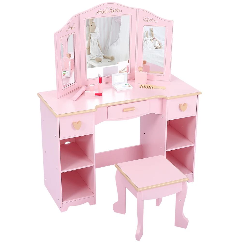 Kids Vanity, Pretend Play Vanity Set with Stool and Tri-Fold Mirror, Little Girl Makeup Desk,Toddler Dressing Table with Storage
