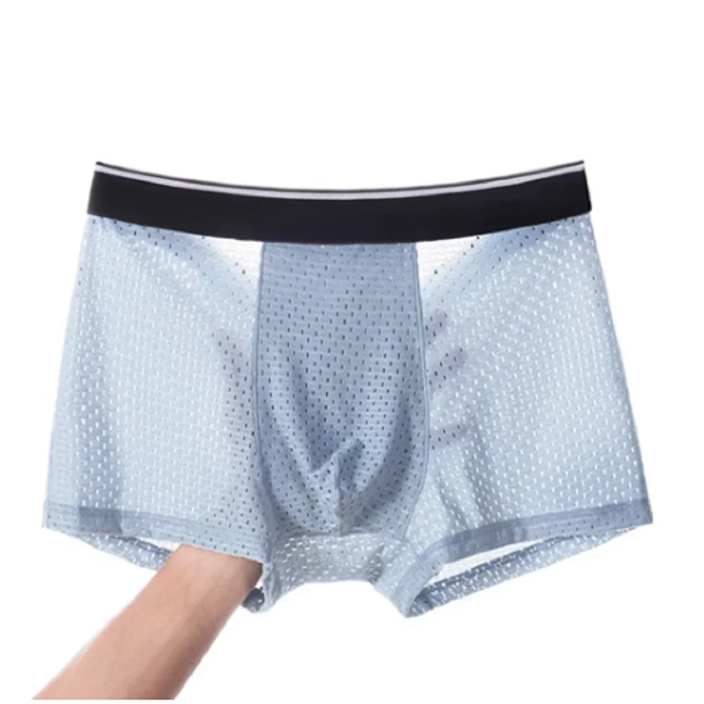 ผู้ชายผ้าไหมน้ําแข็งBreathable Soft Boxerกางเกงขาสั้นและกางเกงชุดชั้นในตาข่ายเซ็กซี่โปร่งใสนักมวยถุงน่องกางเกงกางเกง