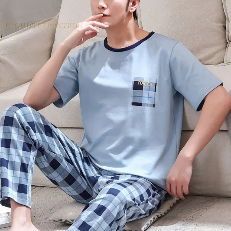 Conjuntos de pijamas de manga corta de punto de verano para hombre, conjunto de pijama masculino, pijama con letras para hombre, ropa de dormir, traje para el hogar, talla XXXL1264