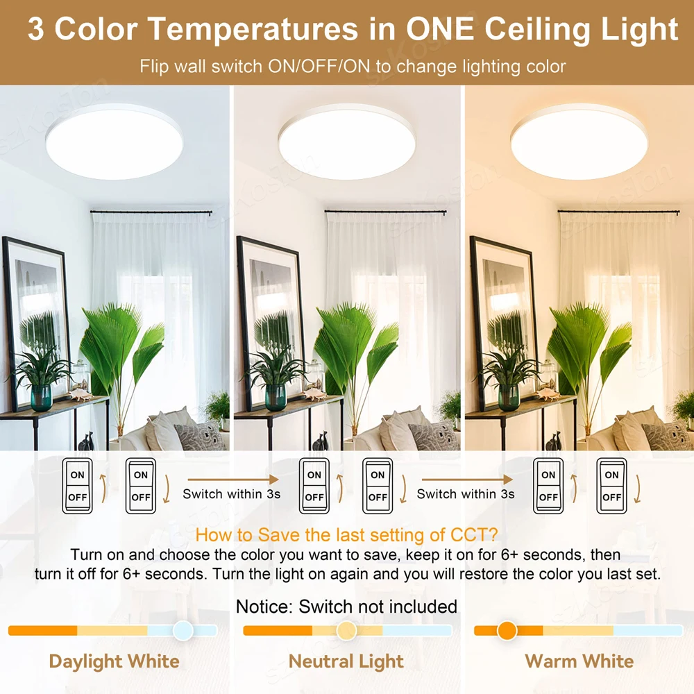 37 ซม.โคมไฟเพดาน LED บางเฉียบ 3 สีไฟ LED ตกแต่งห้องโคมไฟเพดานในร่มสําหรับห้องครัวห้องนอนห้องนั่งเล่นห้องน้ํา