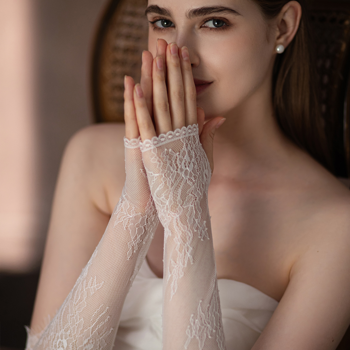 WG103 웨딩 신부 수제 장갑 속눈썹 레이스 흰색 긴 핑거리스 여성 미인 대회 댄스 파티 Sleevelet 수행