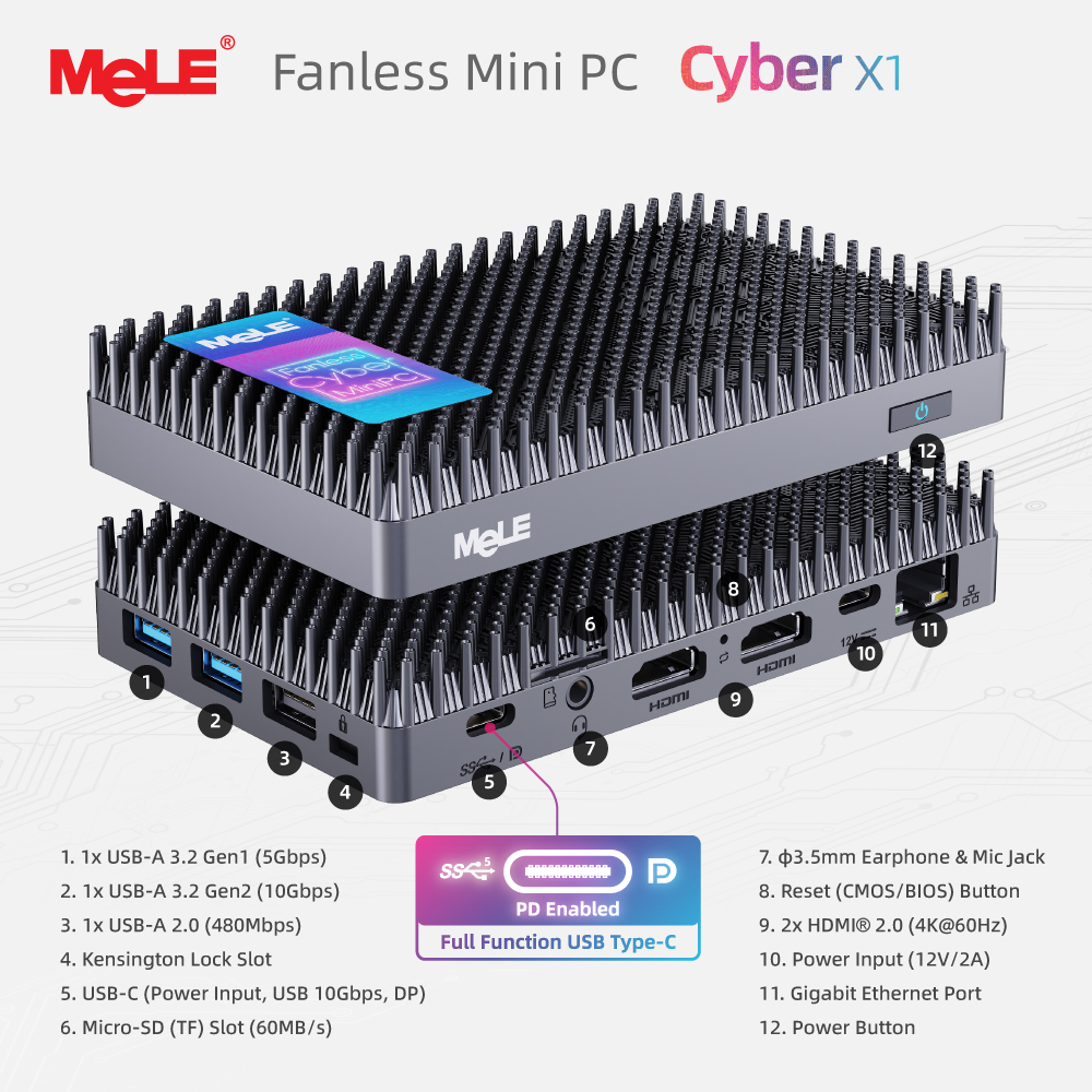 MeLE Fanless Mini PC N150 32GB LPDDR5 1TB,Small Micro Desktop Computer Cyber X1,Dual HDMI,4K Display,USB 3.2,USB C,WiFi5 BT5.1