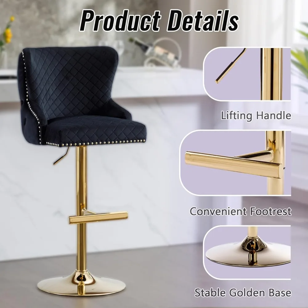 Luxury Velvet Barstools Set of 2, Height Adjustable Swivel  with Lion Head Pull Ring, Modern Button Tufted Back Bar Stools