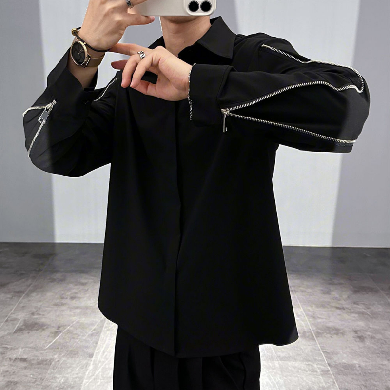 Frühling Herbst neue Mode Turn-Down-Kragen Langarm solide Herren bekleidung Bluse koreanischen Knopf Reiß verschluss Trend All-Match-Shirts