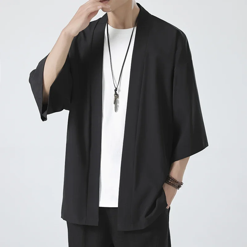 Spring Summer Men's Japanese Kimono Shirts Casual Open Stitch Lightweight Fashion Solid Three Quarter Loose Couple Shirts M-5XL
