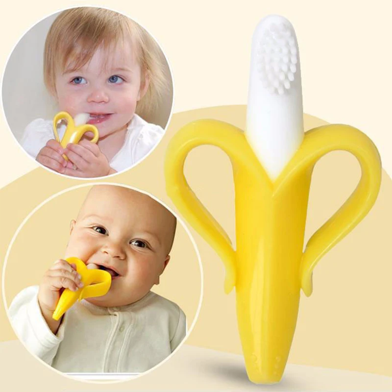 Mamãe e anjo bebê seguro bpa livre mordedor brinquedos toddle banana treinamento escova de dentes silicone mastigar cuidados dentários presente do bebê