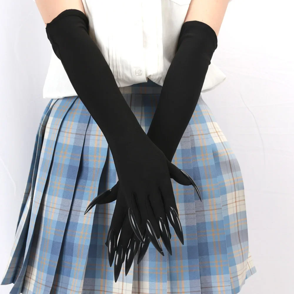 แต่งหน้าฮาโลวีนแม่มดเล็บสีดํา Ghost Cat Demon Paw ถุงมือคอสเพลย์สีดํายืดหยุ่นซาติน Stage Performance ผู้หญิงยาว Mittens