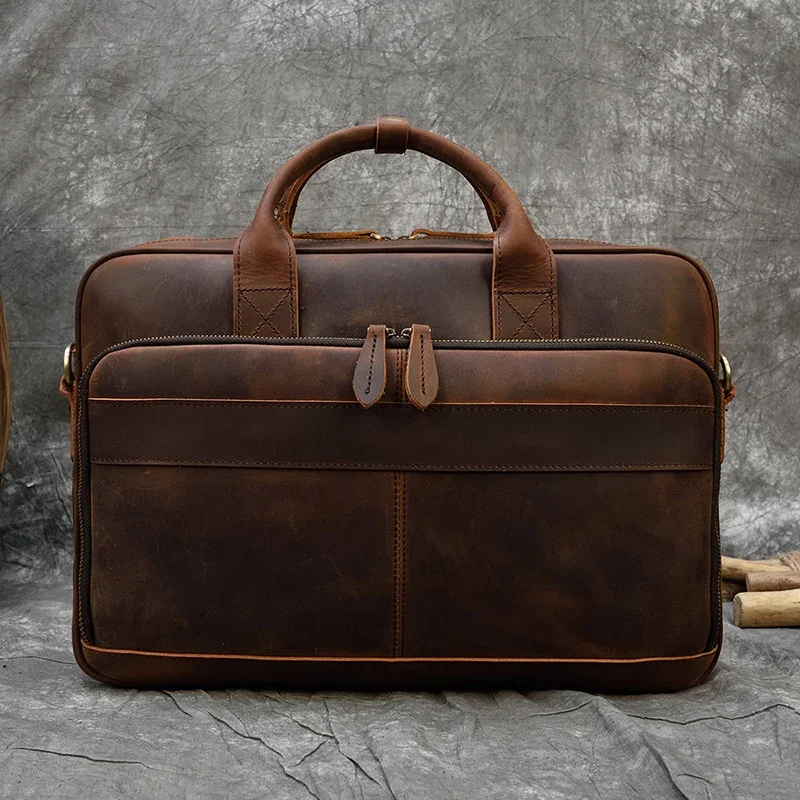 Retro portátil maleta saco de couro genuíno bolsas casuais 15.6 "bolsa de negócios trabalho diário sacolas masculino saco para documentos