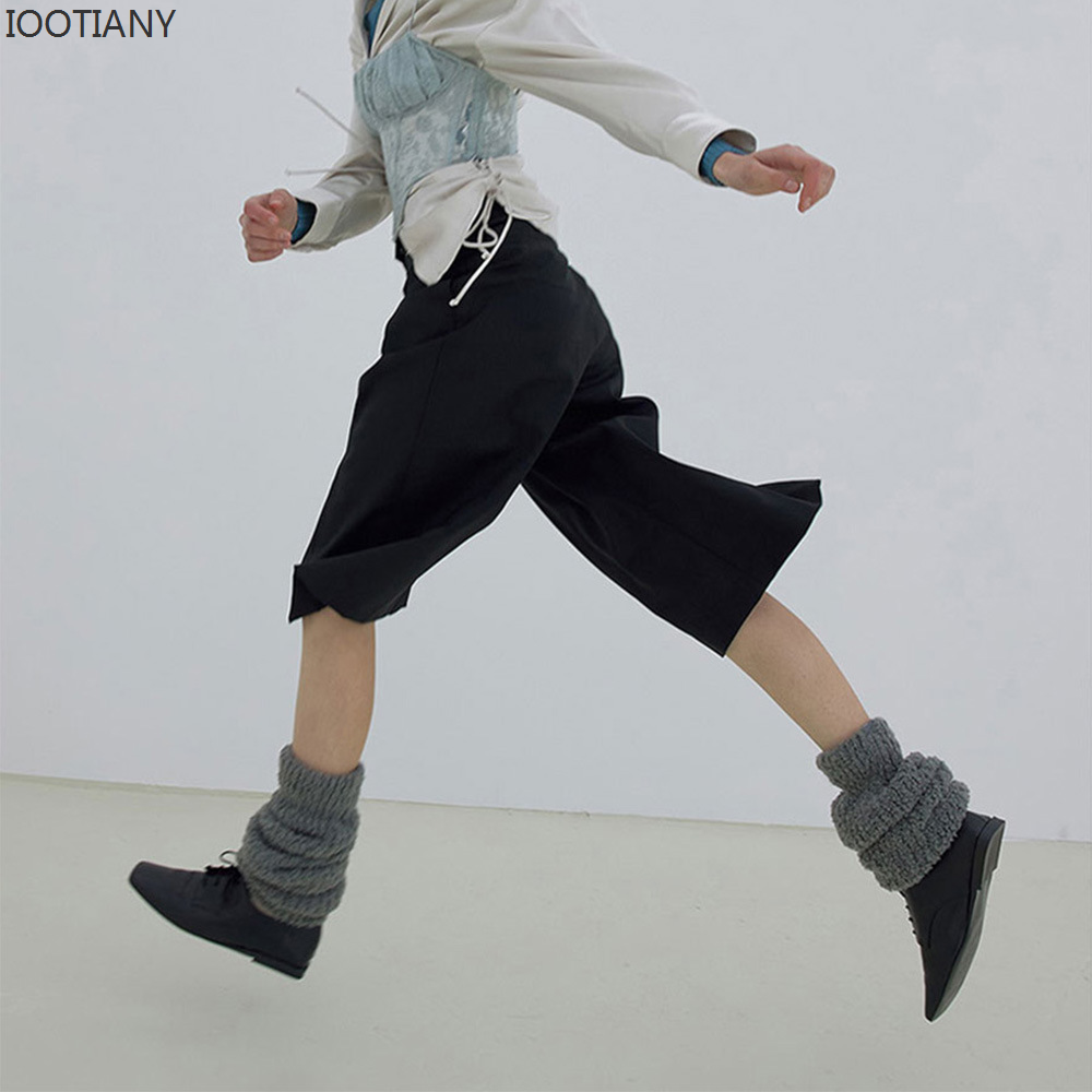 New Winter Solid Color High-Top Single-Needle Socks Wool Blended Knitted Pile Socks Unisex Wear Woolen Wide-Leg Covers