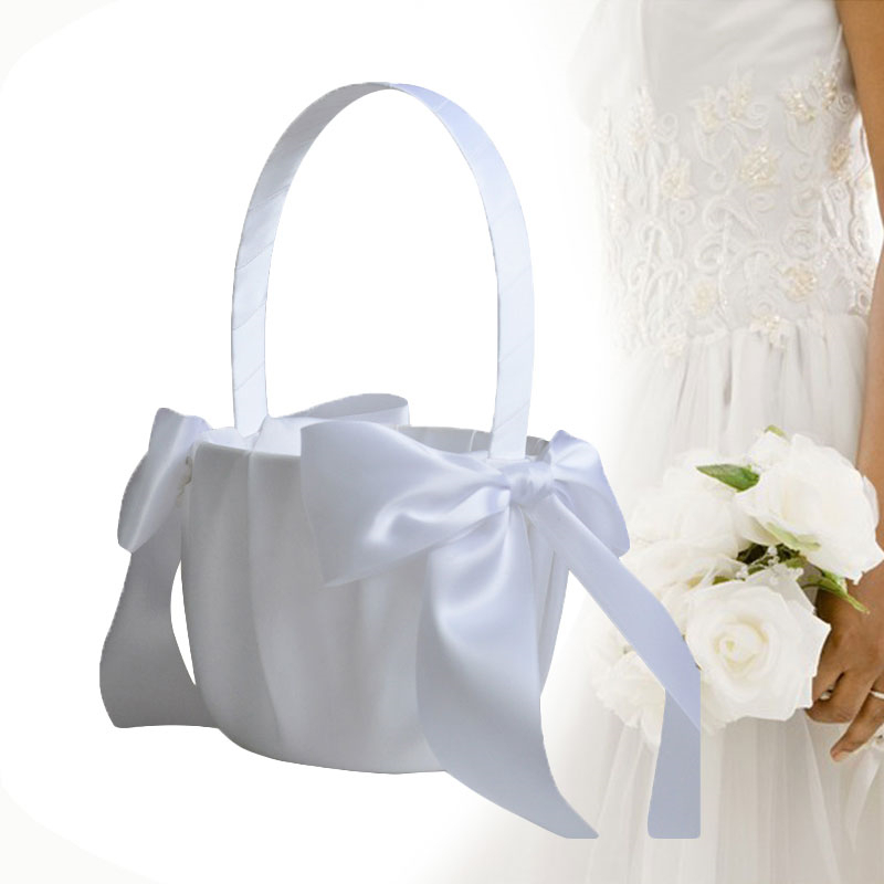 White Flower Girls Basket Silk Wedding Basket for Flower Bride/Kids Hand Held Wedding Ceremony Party Decorations