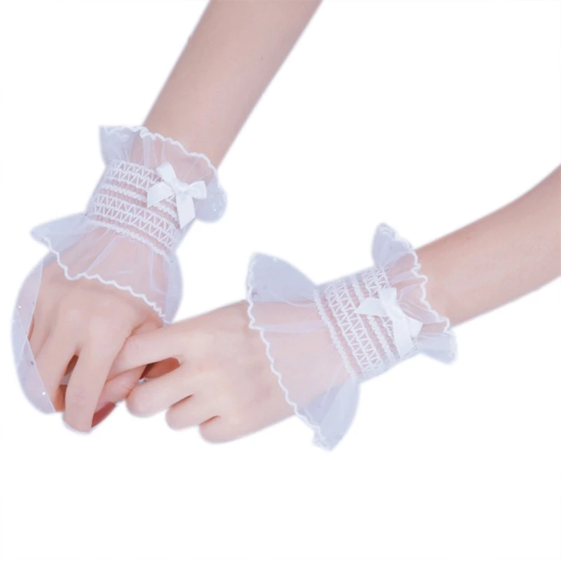 652F สไตล์ญี่ปุ่นหวานหวานแหววข้อมือยางยืดสายรัดข้อมือสร้อยข้อมือผูกโบว์ลูกไม้มีระบายสีทึบสายรัดข้อมืออะนิเมะ