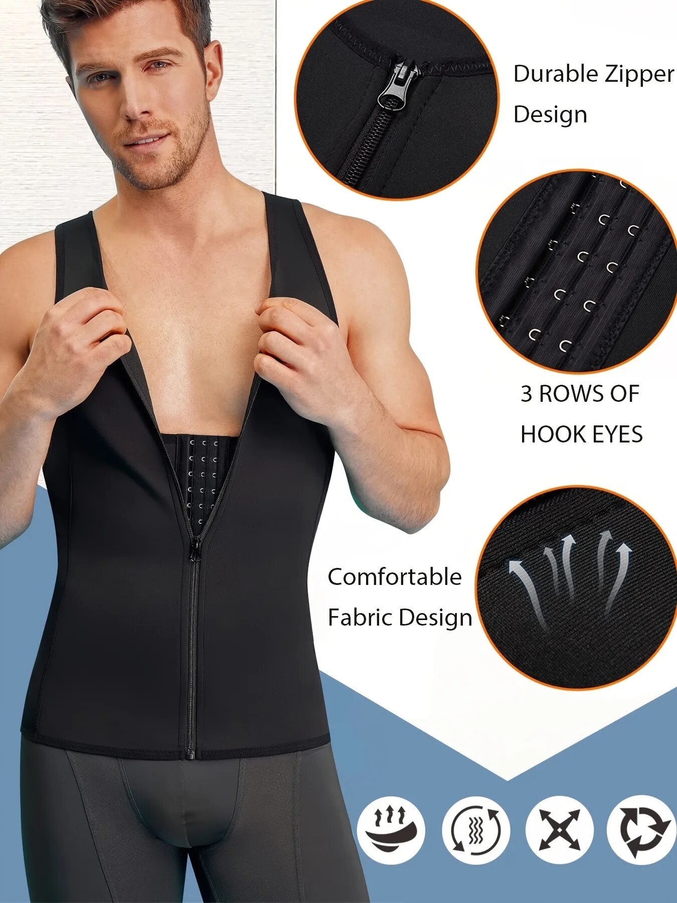 Schlankheits-Tanktop für Herren, Body Shaper, bequeme Kompressionsweste mit Reißverschluss, starke Rückenstütze, Unterhemd, Kompressions-Tank-Sw