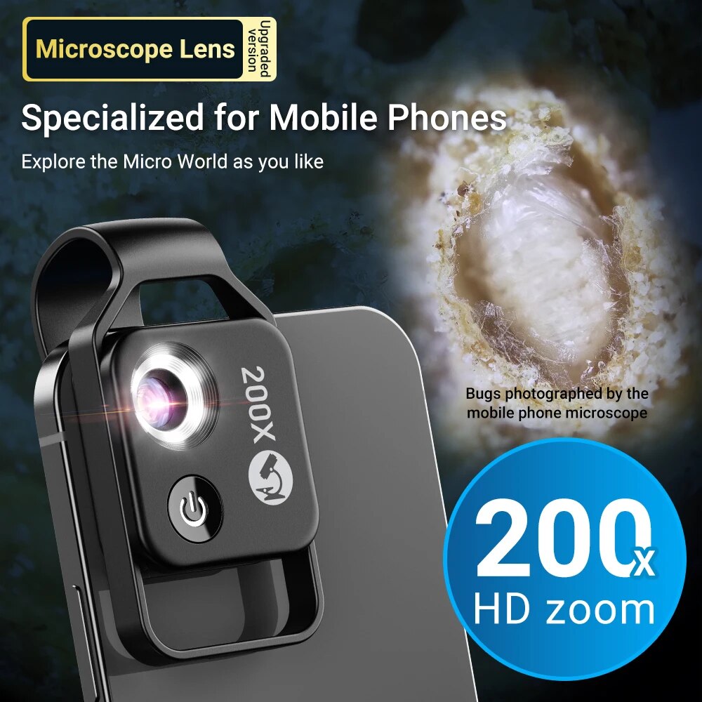 APEXEL 200X Taschenmikroskopobjektiv mit CPL-Filter, LED-Licht, Mini-Mikro-Makroobjektive für iPhone 15, 13, 14, Samsung, alle Smartphones