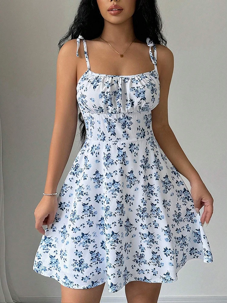 Vestido corto de playa con tirantes finos florales de verano para mujer, vestidos para mujer, ropa de mujer, ropa de mujer, vestido, nuevo en vestido 2025