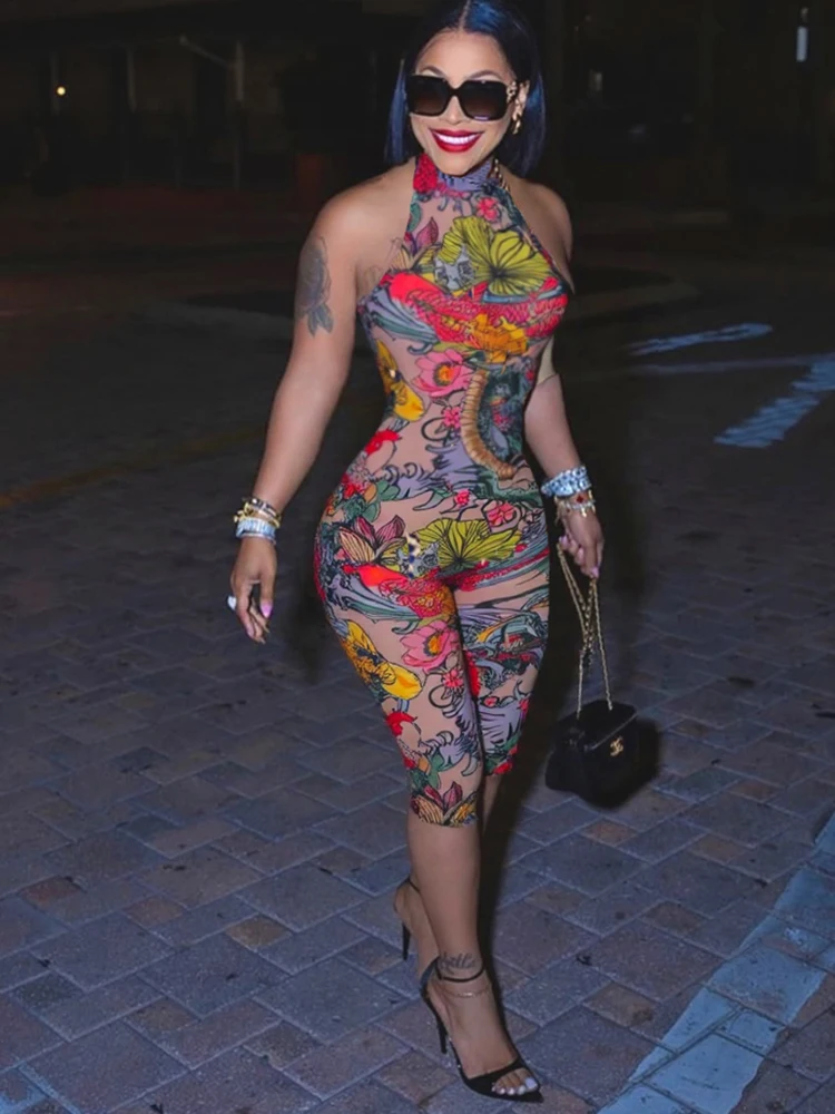 Weird Puss Bunte Print Strampler Frauen Neckholder Bandage Sommer Sexy Hipster Rückenfrei Aktivität Workout Fit Enge Stretch Playsuits