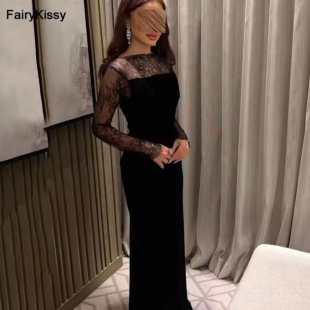 FairyKissy Черное вечернее платье из крепа с высоким воротом и длинными рукавами Платье русалки для выпускного вечера Арабские вечерние черные платья по индивидуальному заказу