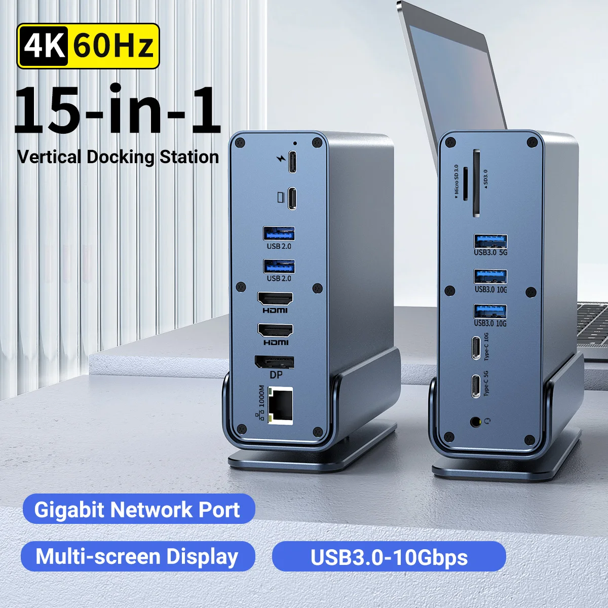ドッキングステーション,Mac pro,トリプルモニター付き垂直ハブ,4k hd,rj45,1000m,usb 3.0, 2.0,pd 3.0,sd,tf,オーディオ3.5, 15 in 1