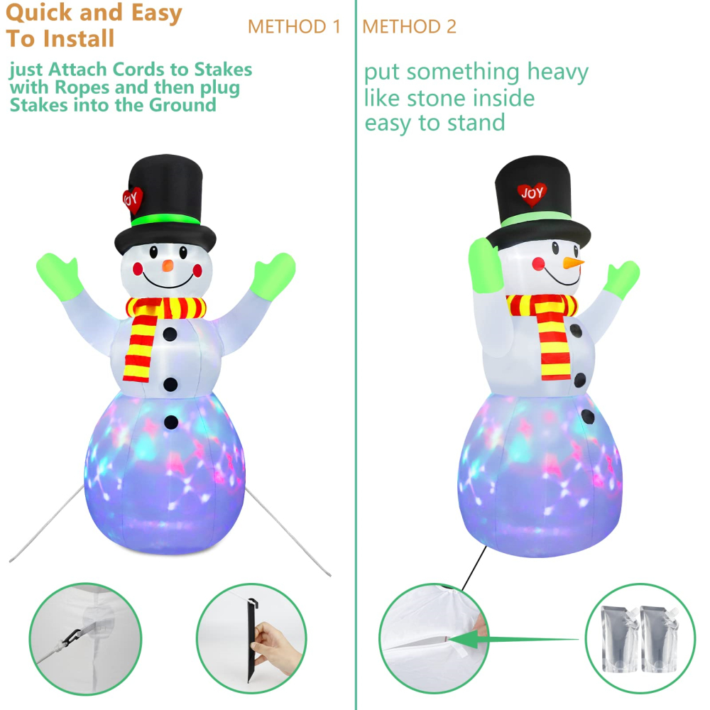 Boneco de neve de natal inflável, 2.2m, modelo giratório, luz led, luva verde, adereços de estaca de natal, brinquedos, acessórios domésticos, decoração de férias