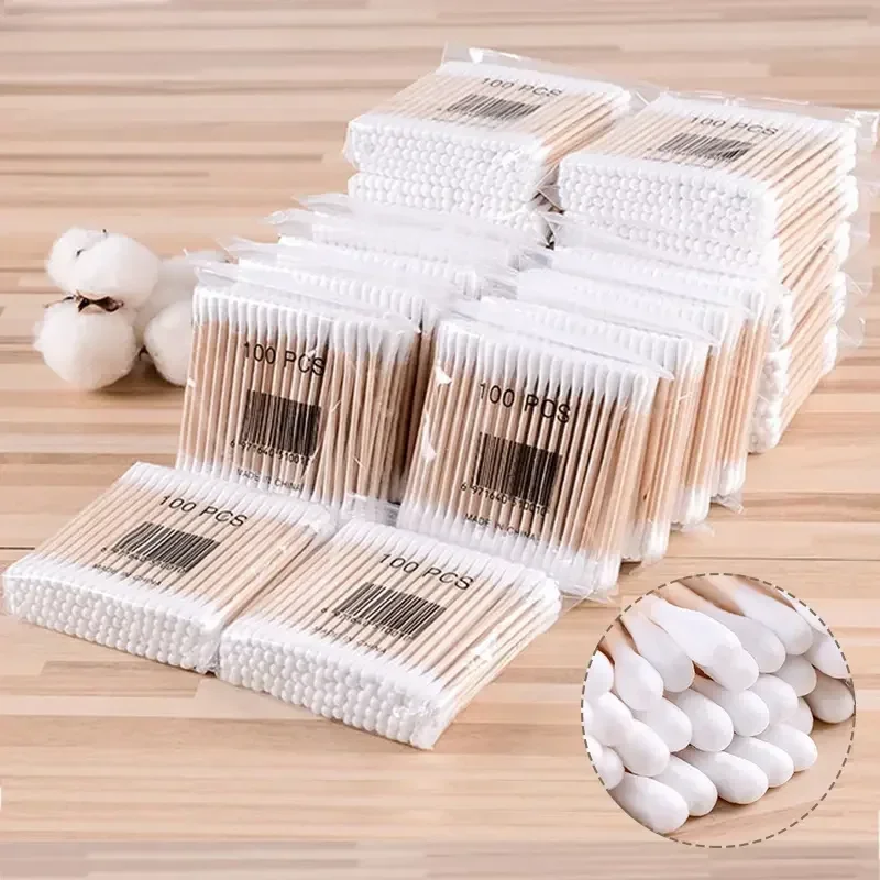 100/500 Uds hisopo de algodón de madera de doble cabeza limpieza de nariz y oídos herramientas de maquillaje para mujeres Lipstik bastoncillos de punta de bastoncillos Oidos