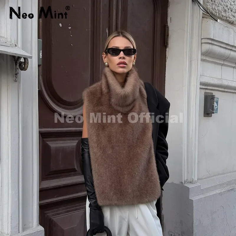 Neo Mint 2025 marca moda piel sintética Sable chaleco Crop Top Otoño Invierno cuello alto Eco piel de visón camisetas sin mangas chaqueta sin mangas abrigo