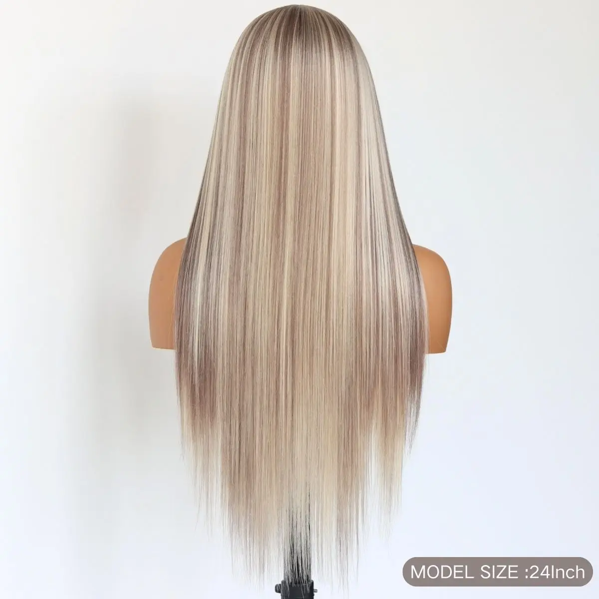 Peruka typu lace front, prosty krój, ombre brąz z blondem, syntetyczna peruka lace front 13x4 dla kobiet, 24 cale.