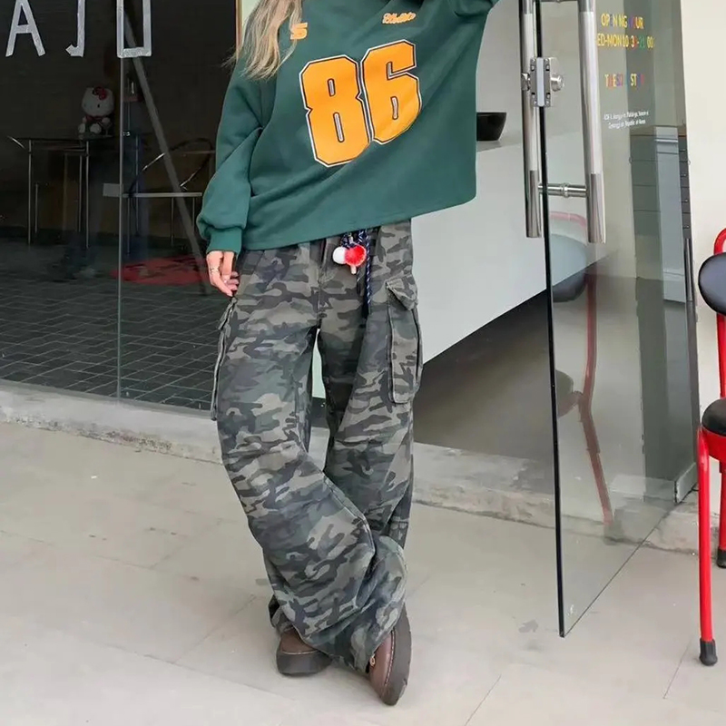 女性 Y2K 迷彩カーゴジーンズヴィンテージハイウエストヒップホップワイドレッグパンツ女性ストリートウェアだぶだぶストレートデニムズボン