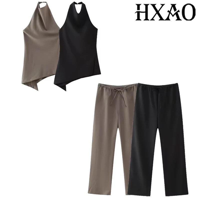 HXAO Eleganckie komplety spodni damskie 2-częściowe zestawy spodni strój halter bez pleców top baggy spodnie 2024 letni damski garnitur