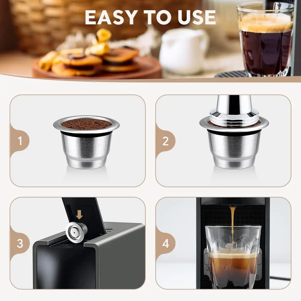 Wiederverwendbare Kaffeekapsel für Nespresso Espresso Crema Cups, nachfüllbare Kaffeepads aus Edelstahl, Filter mit Tamper-Dosierring