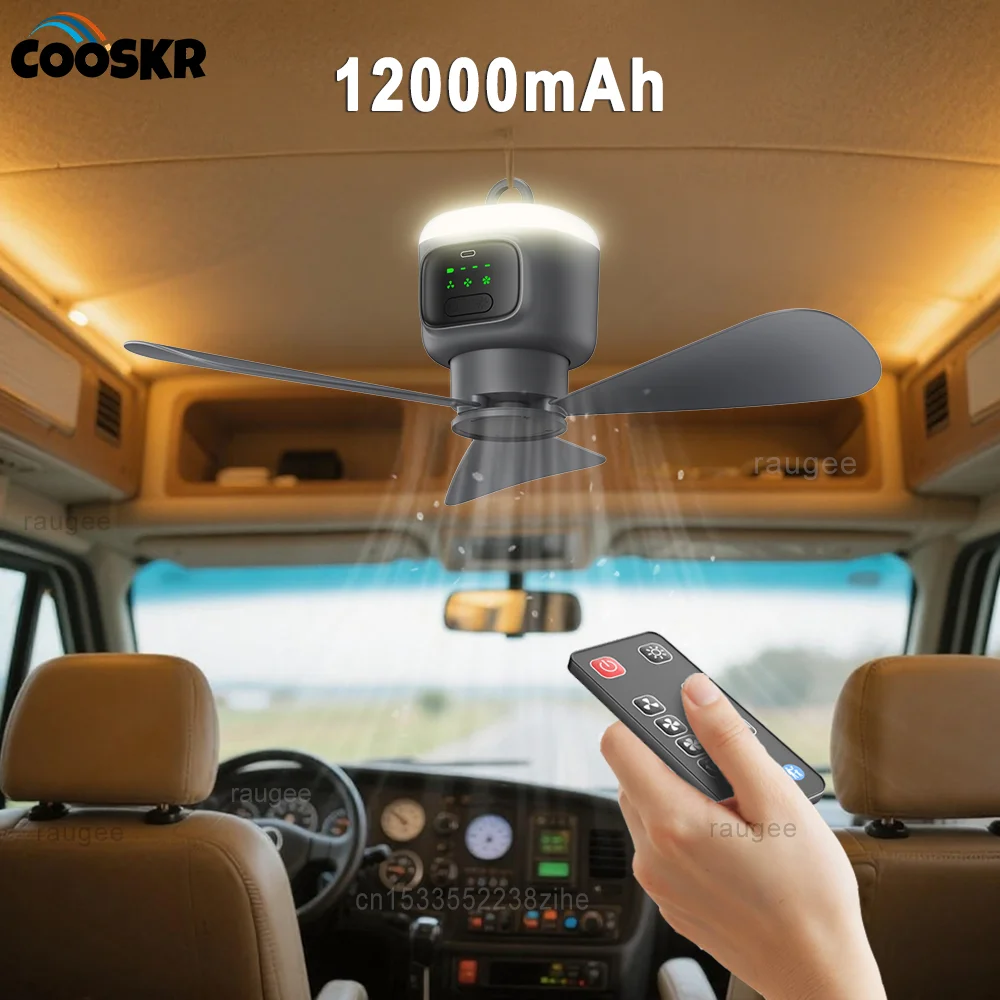 Deckenventilator, Campingzelt, Luftzirkulator, Kühler, 12000 mAh, wiederaufladbar über USB, tragbarer elektrischer Ventilator mit LED-Licht für Camping-Auto