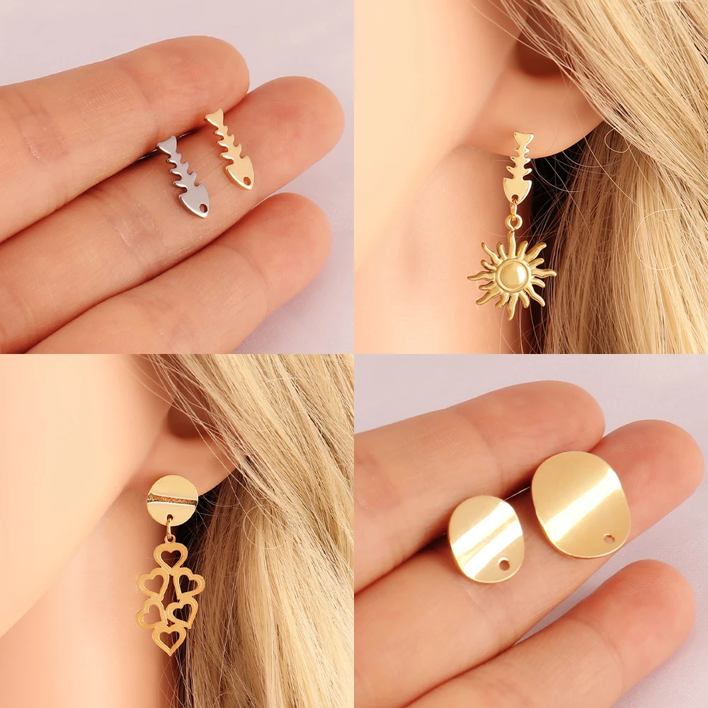 20pcs Stainless Steel Geometric Heart Round Stud Earring Base With Earring Plug Connector DIY Earring For Jewelry Making Finding